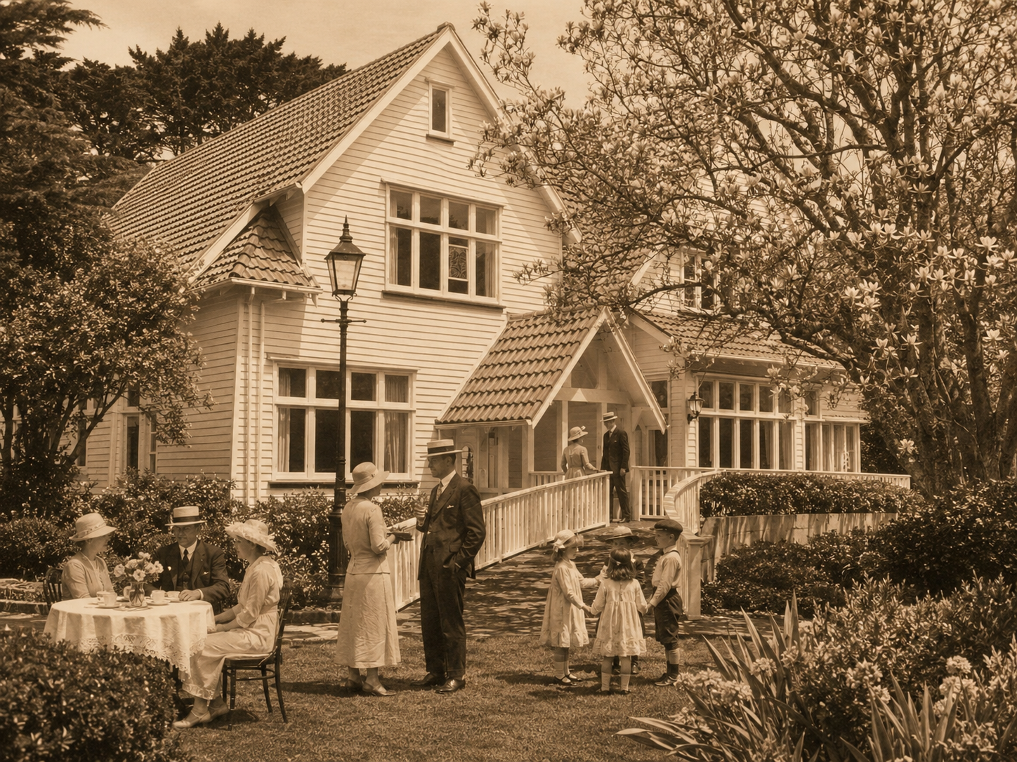 Historical impression of Thompson House as it may have looked during a 1920s garden party